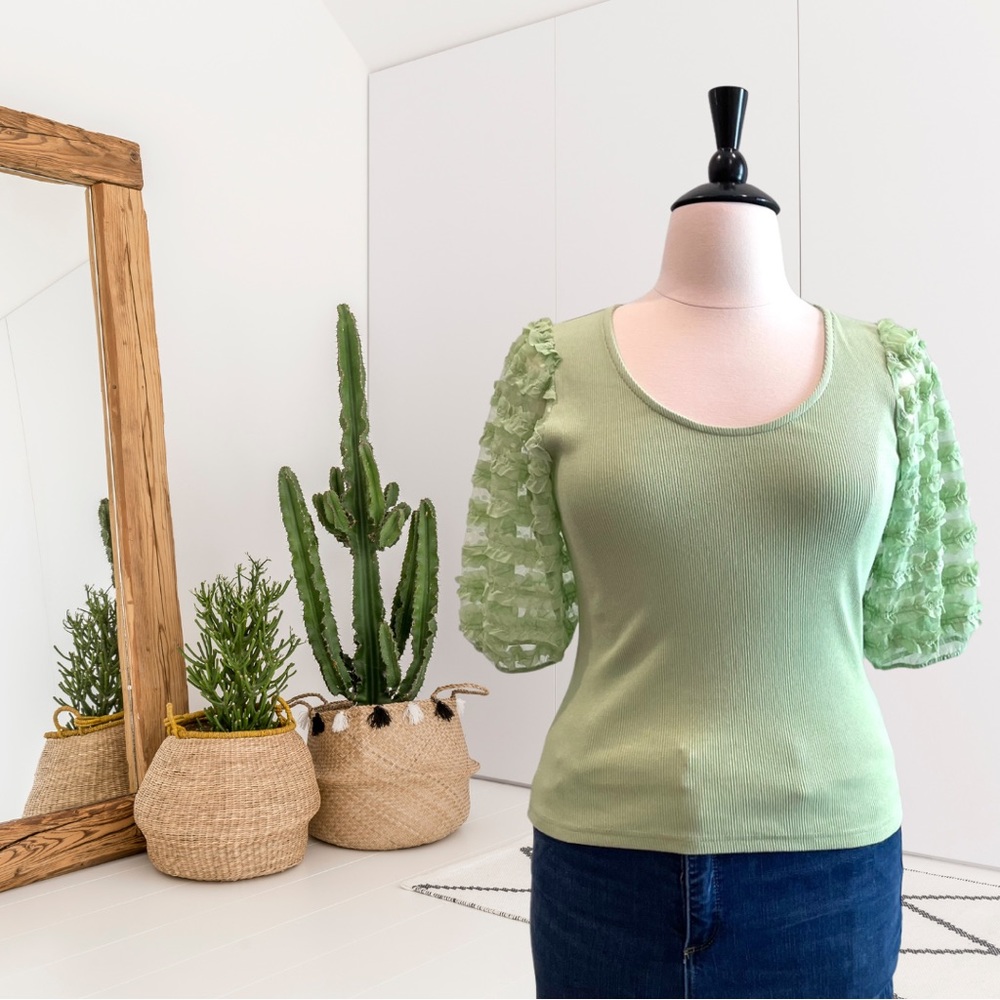 Dolan Short Sheer Puff Ruffle Sleeve Ribbed Top